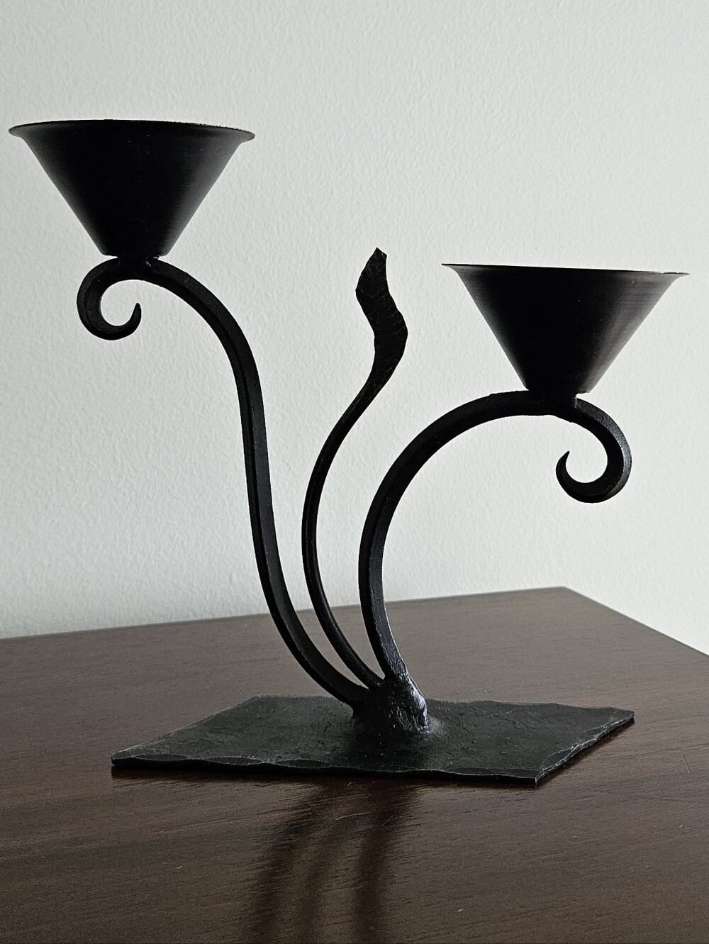 Vintage Black Iron Double Candle Holder Candelabra Scroll Leaf Decor